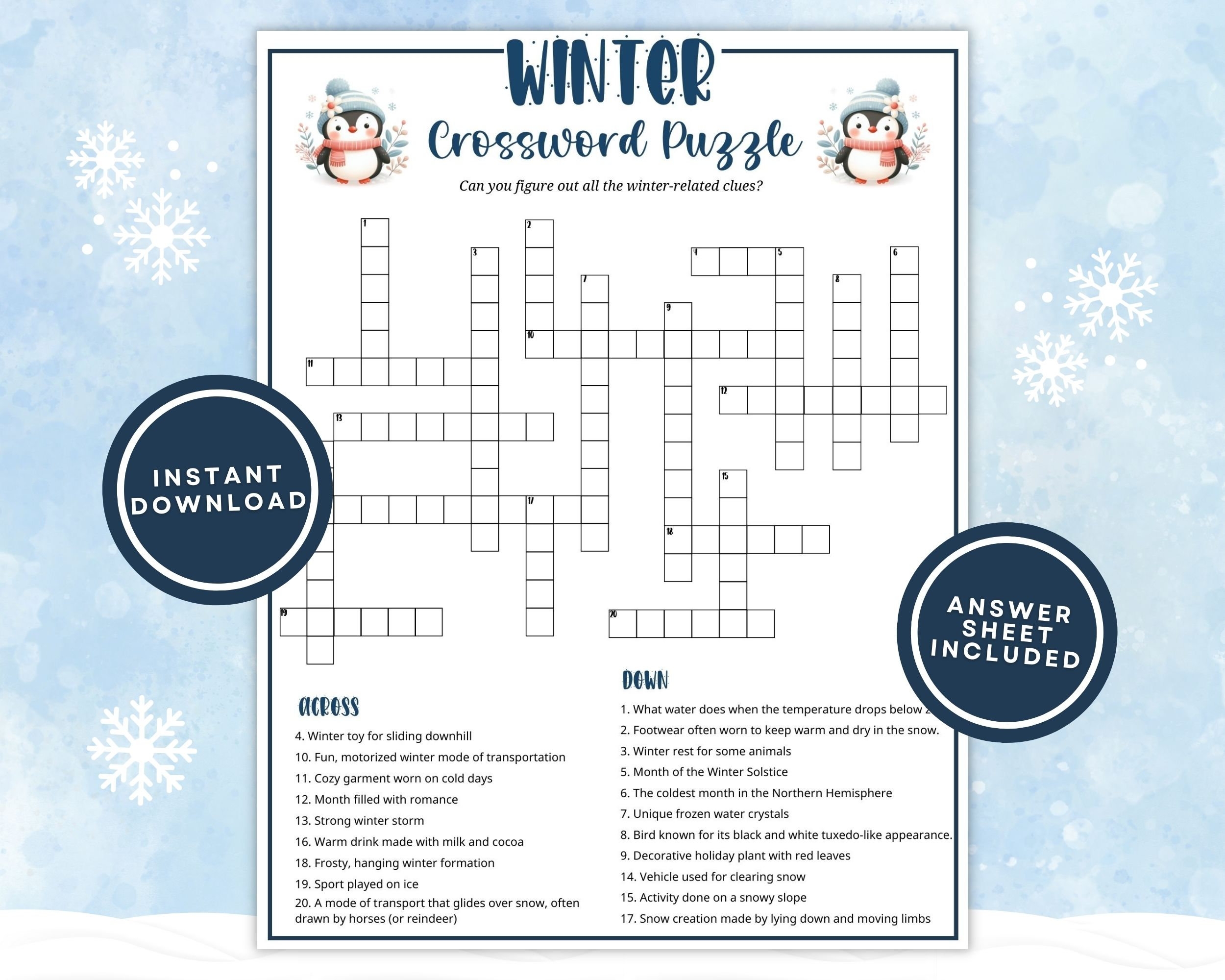 Printable Winter Crossword Puzzle For Kids And Adults Fun Winter 