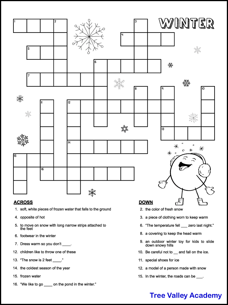 Printable Winter Crossword Puzzles For Kids Tree Valley Academy 
