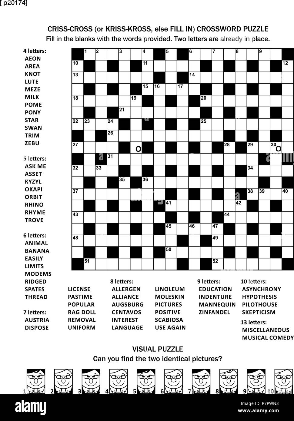 Puzzle Page With Two Games 19x19 Fill in or Criss cross Else Kriss kross Crossword Puzzle And Visual Puzzle Black And White A4 Or Letter Sized Answers Are On Separate File Stock Vector Image U0026