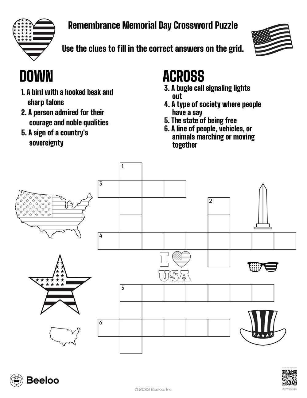 Remembrance Memorial Day Crossword Puzzle Beeloo Printable Crafts And Activities For Kids