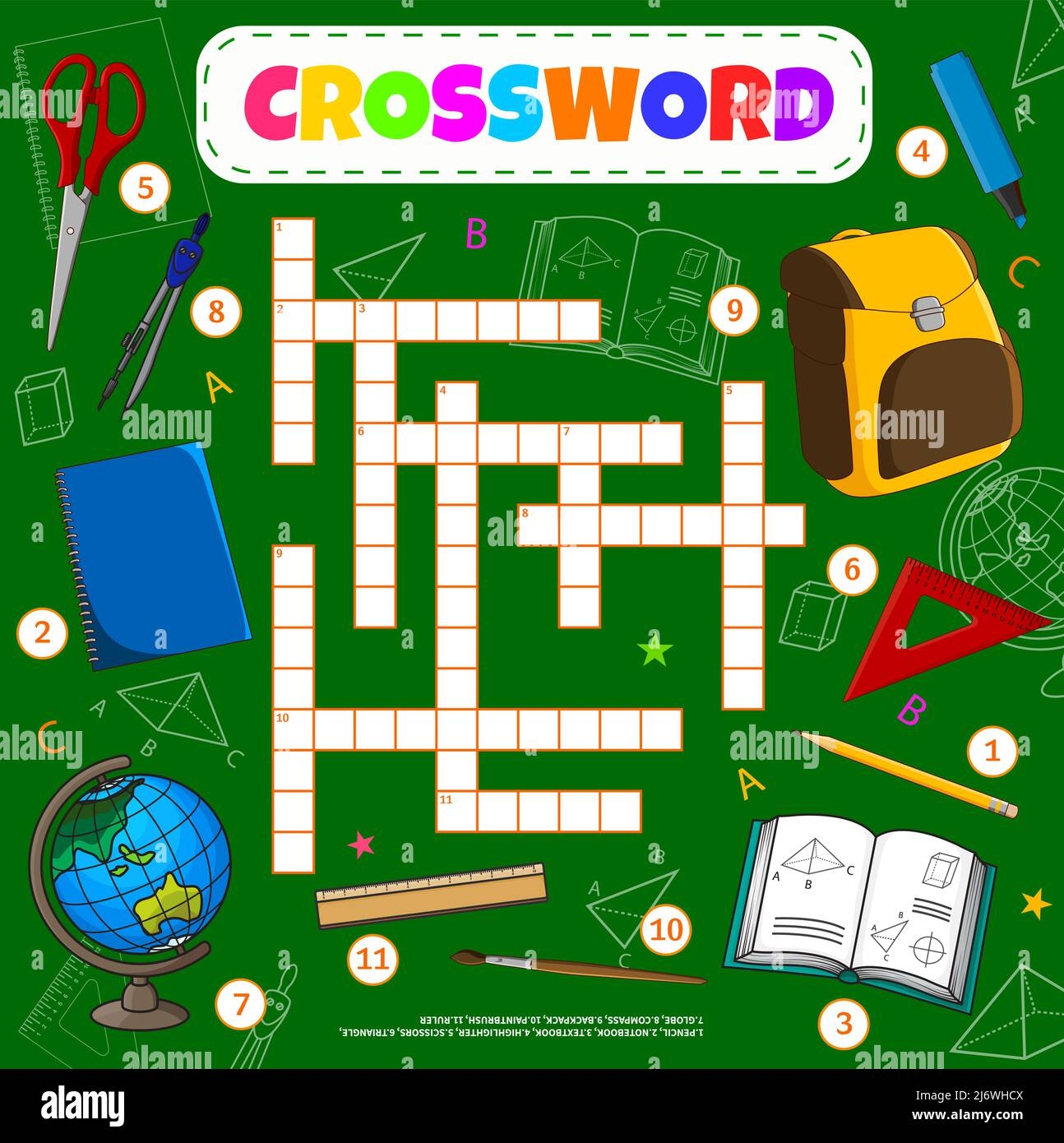 School Items And Stationery Crossword Grid Worksheet Find A Word Vector Quiz Game Or Puzzle With