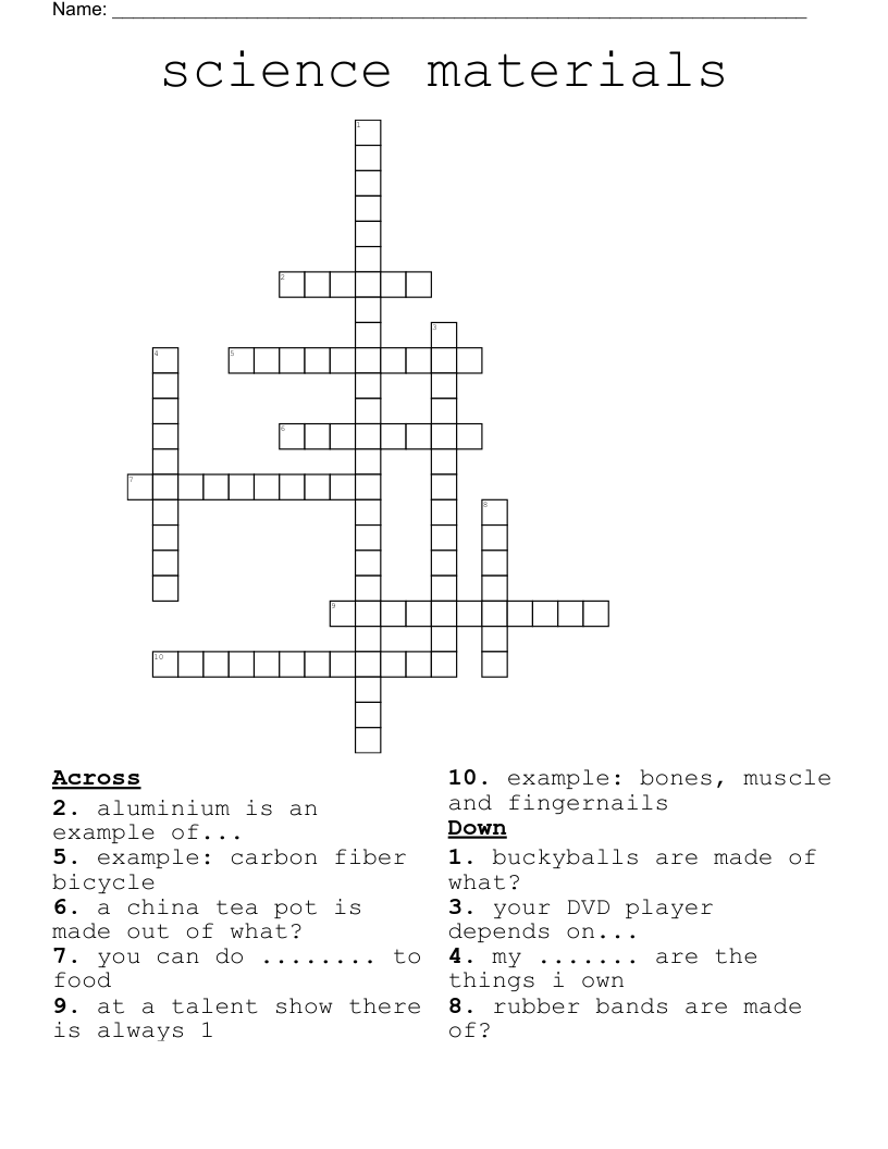 Science Materials Crossword WordMint