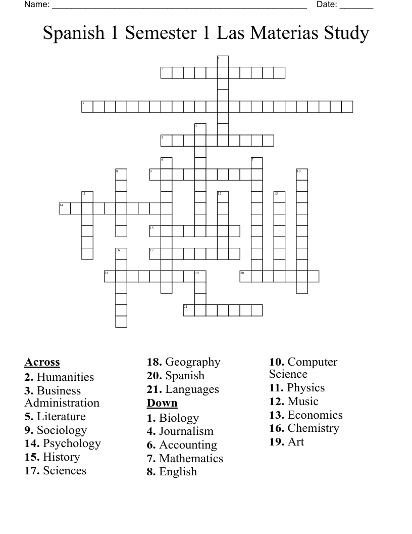Spanish 1 Semester 1 Las Materias Study Crossword WordMint
