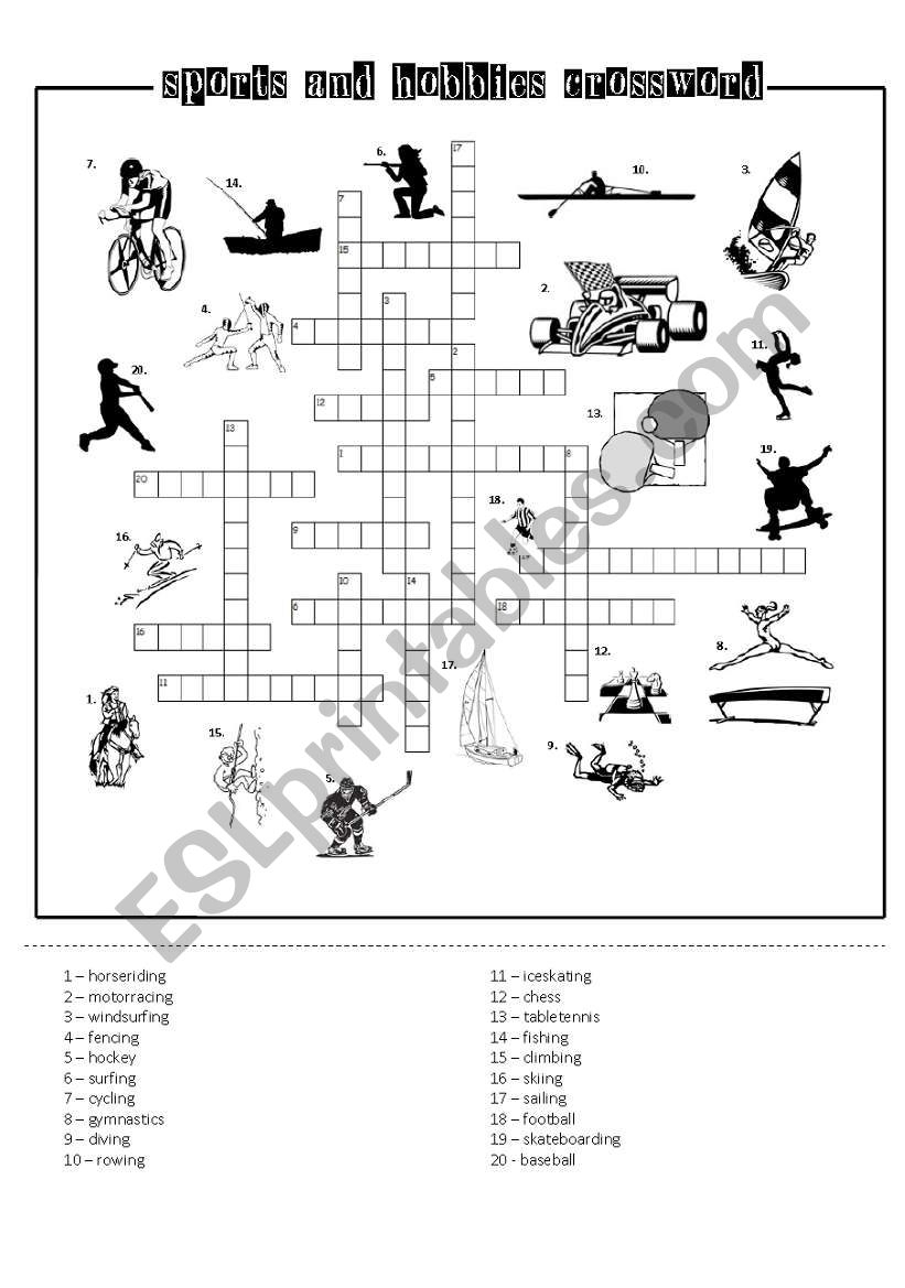 SPORTS AND HOBBIES CROSSWORD Blacku0026white Printer friendly ESL Worksheet By Wunia