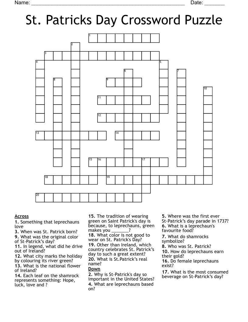 St Patricks Day Crossword Puzzle WordMint