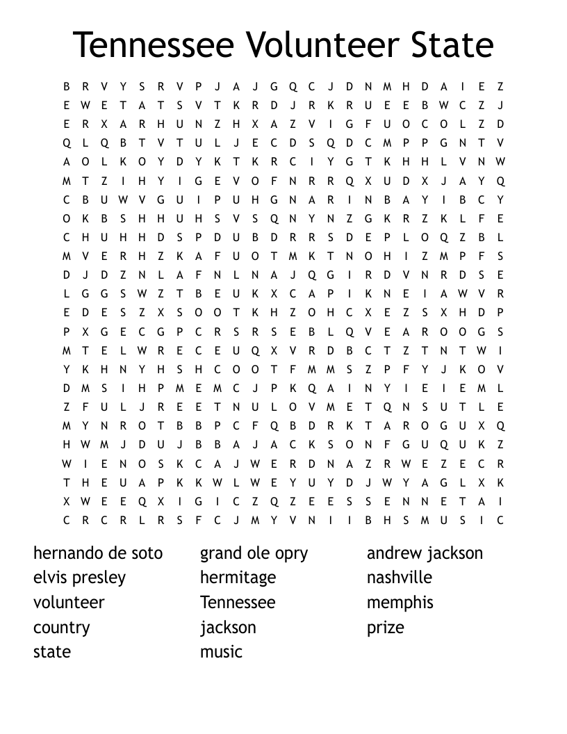 Tennessee Volunteer State Word Search WordMint