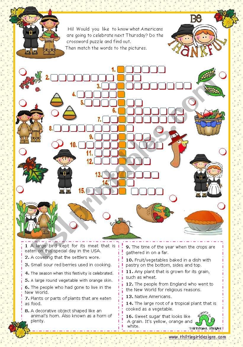 Thanksgiving Crossword Puzzle ESL Worksheet By Mena22 Worksheets Library