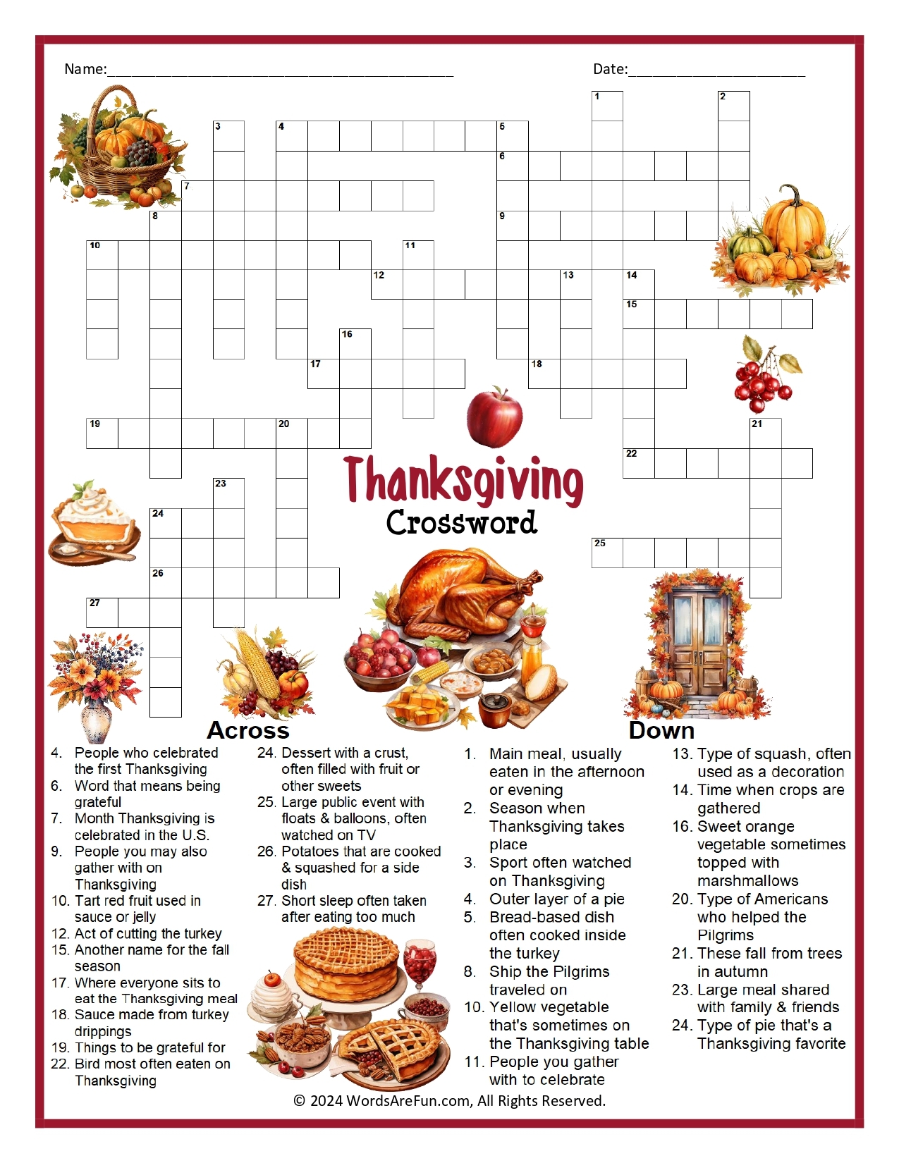 Thanksgiving Crossword Puzzles