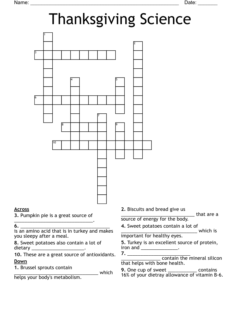 Thanksgiving Science Crossword WordMint
