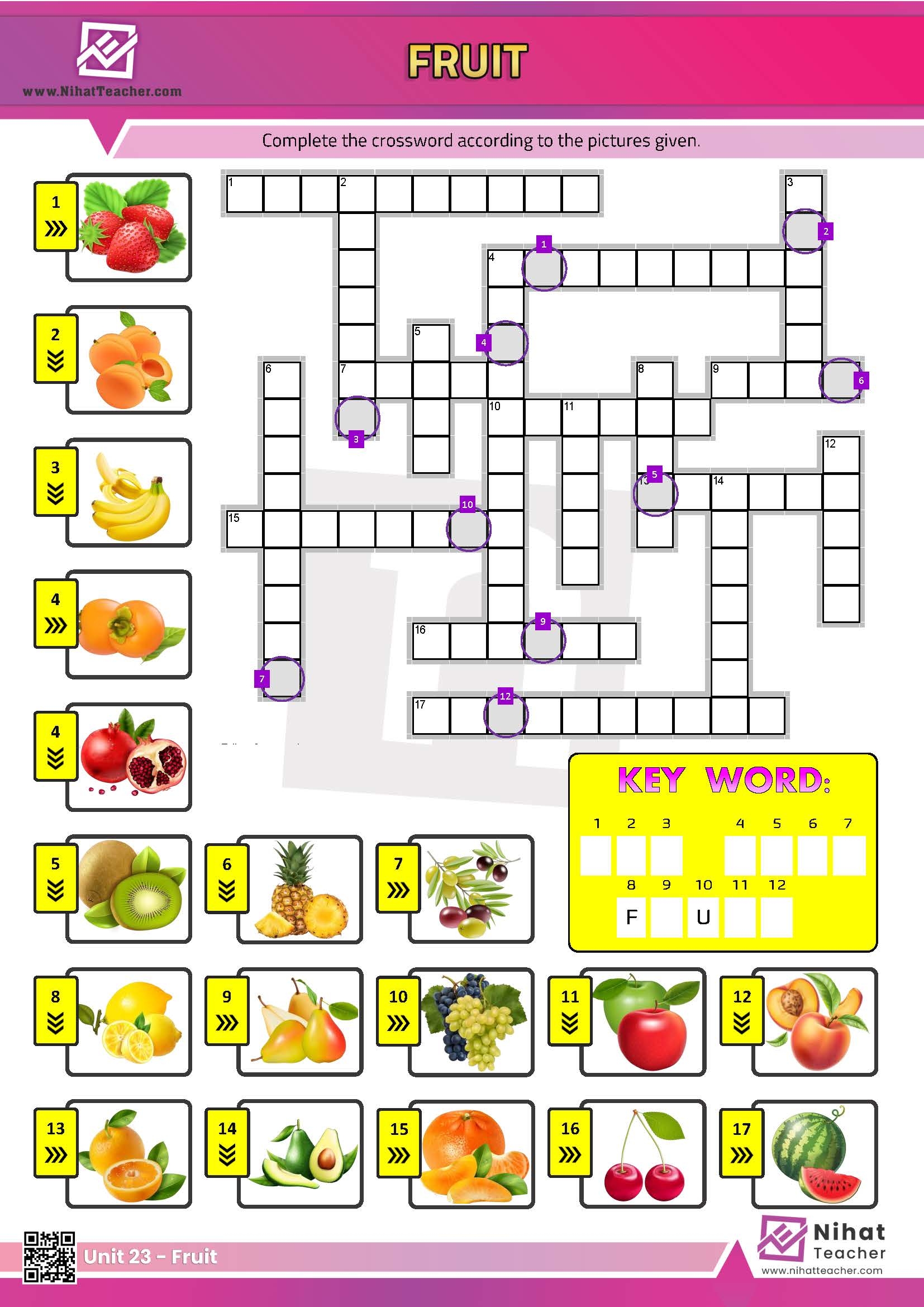 Unit 23 Fruit Crossword Free English Learning And Teaching Resources Free PDF Worksheets And Multiple Choice Tests 