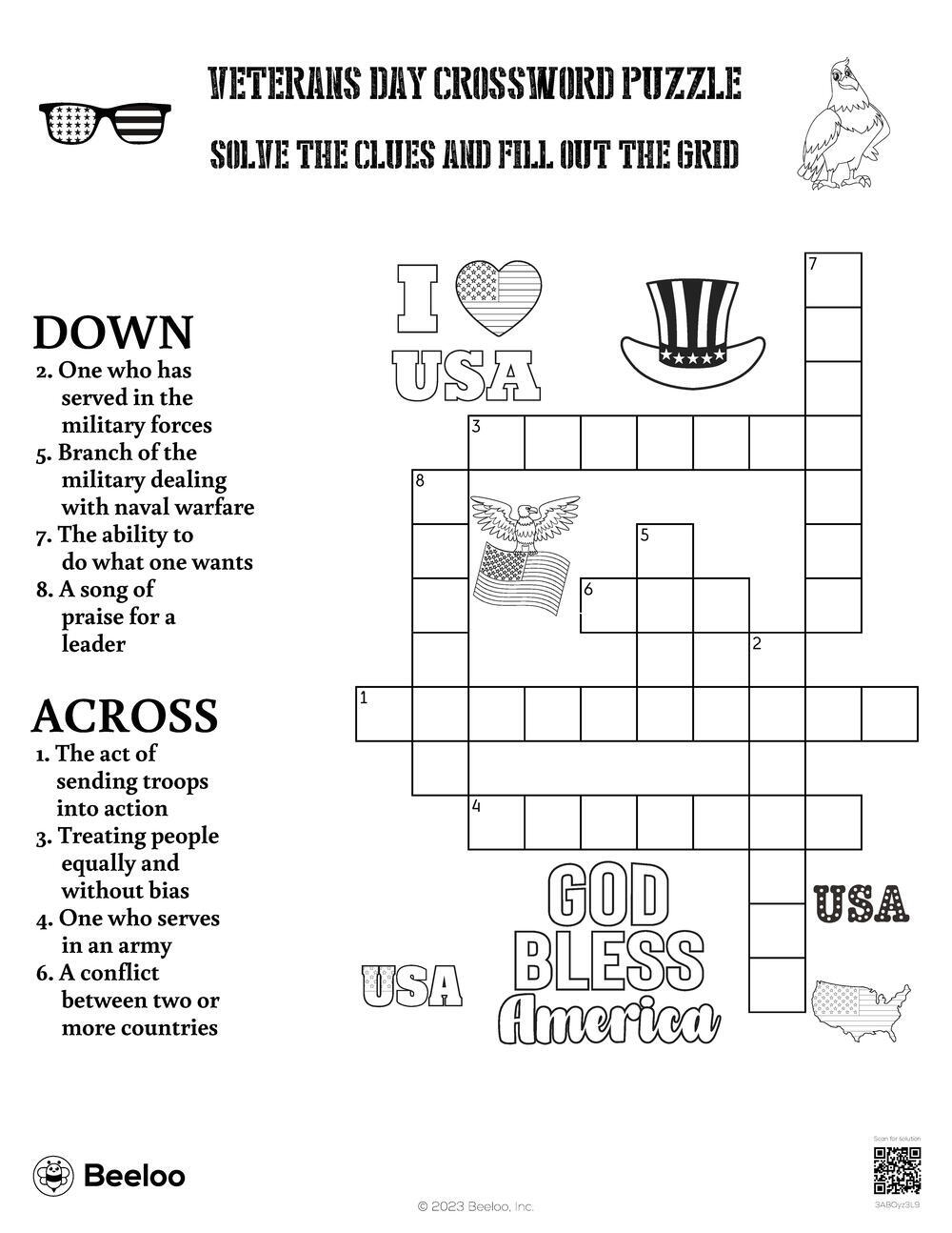 Veterans Day Crossword Puzzle Beeloo Printable Crafts And 