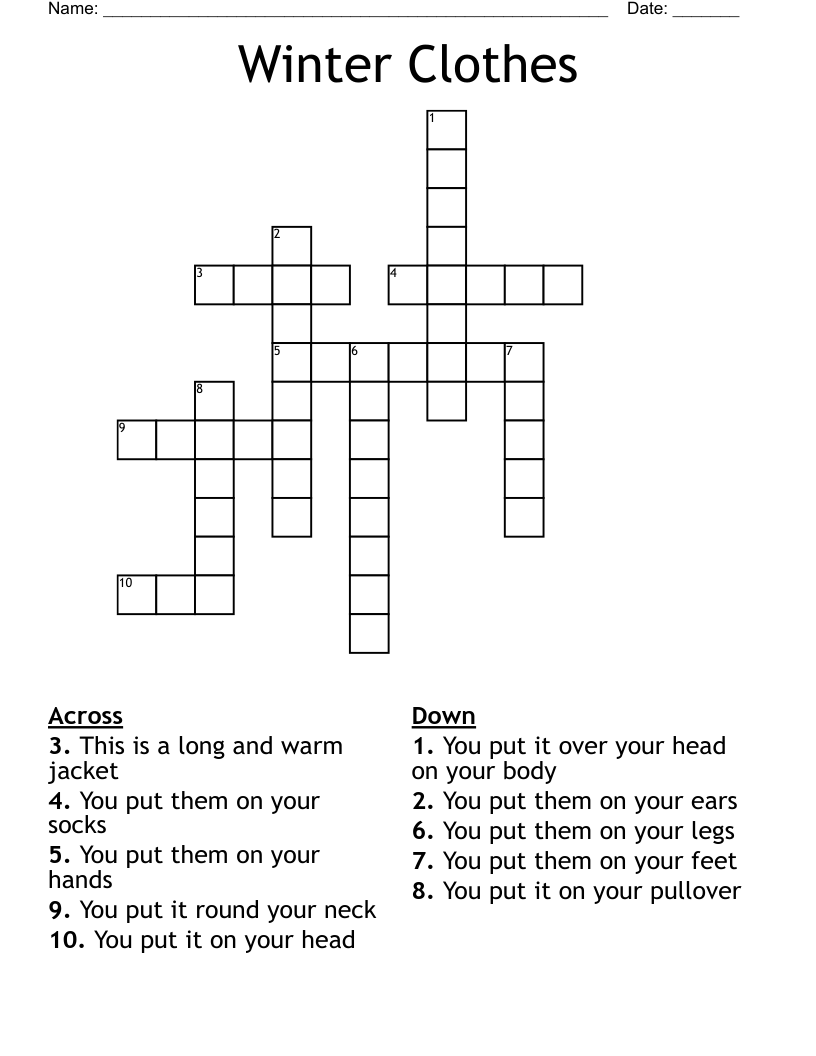 Winter Clothes Crossword WordMint