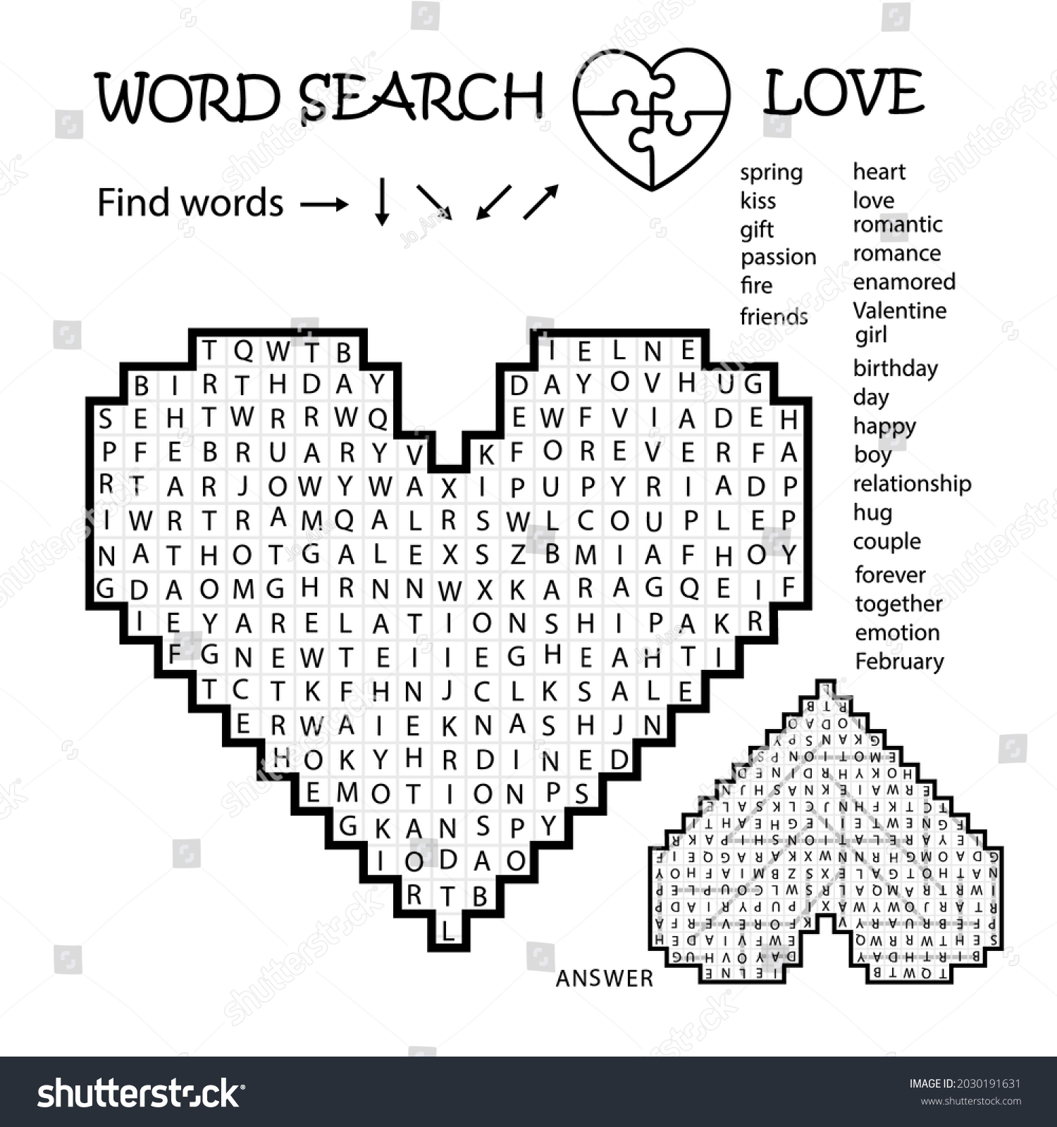 Word Search Crossword Puzzle Heart Love Stock Vector Royalty Free 2030191631 Shutterstock