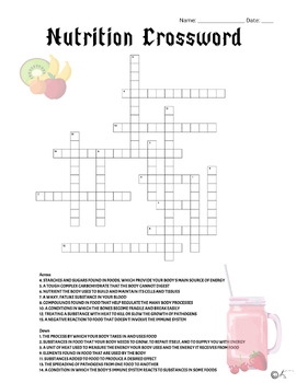 Nutrition Crossword Puzzle By SAWYER HEALTH And PE TPT