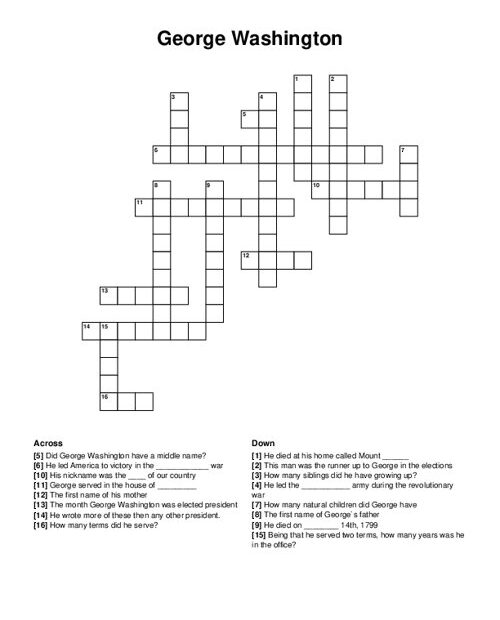 George Washington Crossword Puzzle