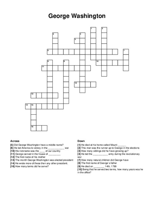 George Washington Crossword Puzzle