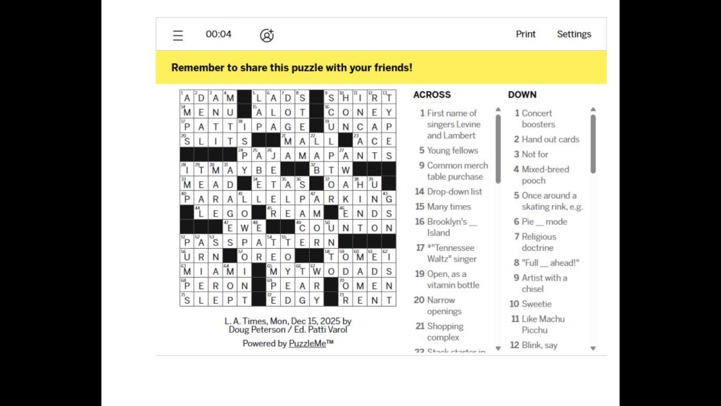 LA Times Crossword And Mini Crossword Solutions For Today December 15 