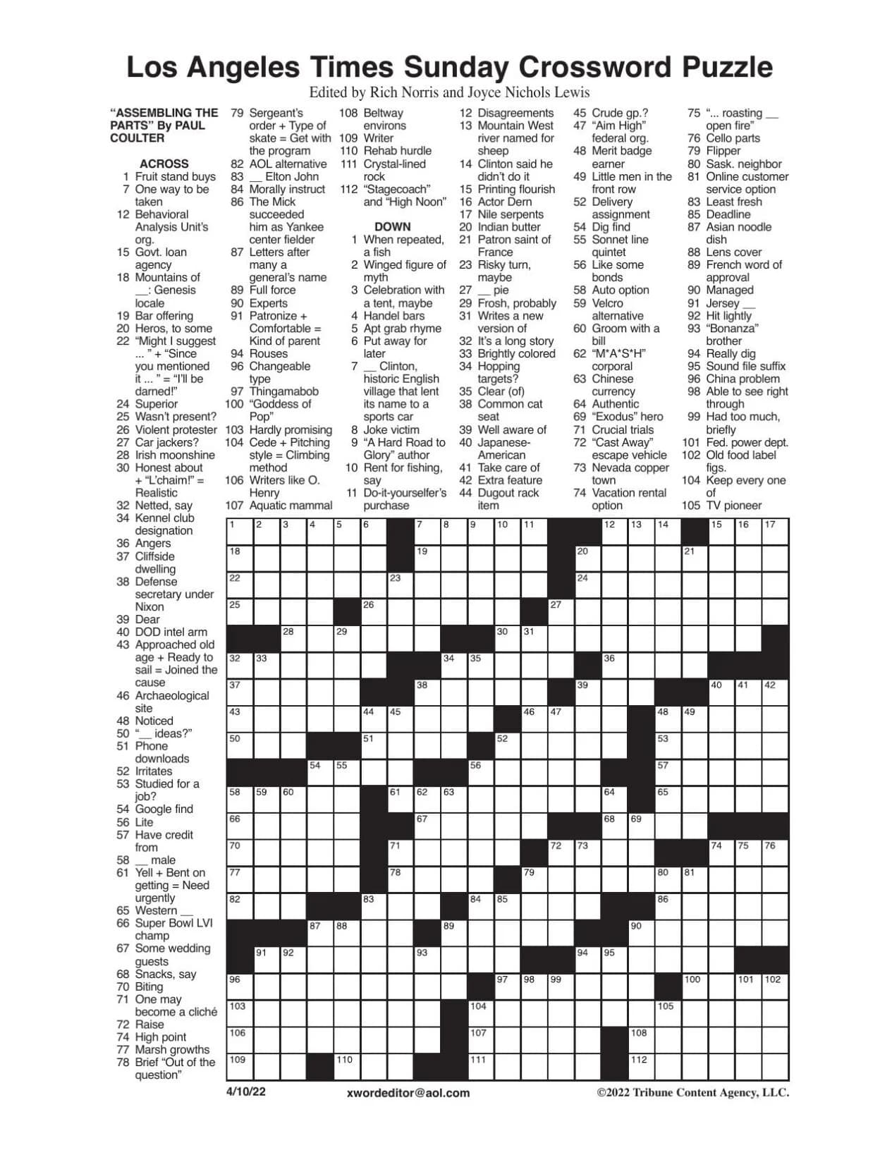 La Times Sunday Crossword Solution Free Printable Crosswords