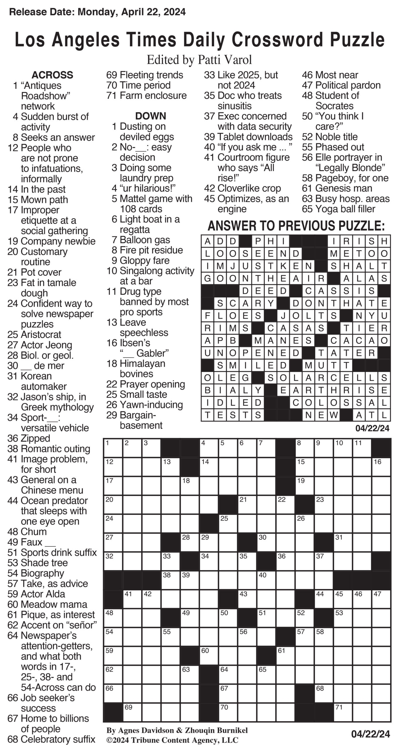 Los Angeles Crossword Puzzle Crossword Puzzles