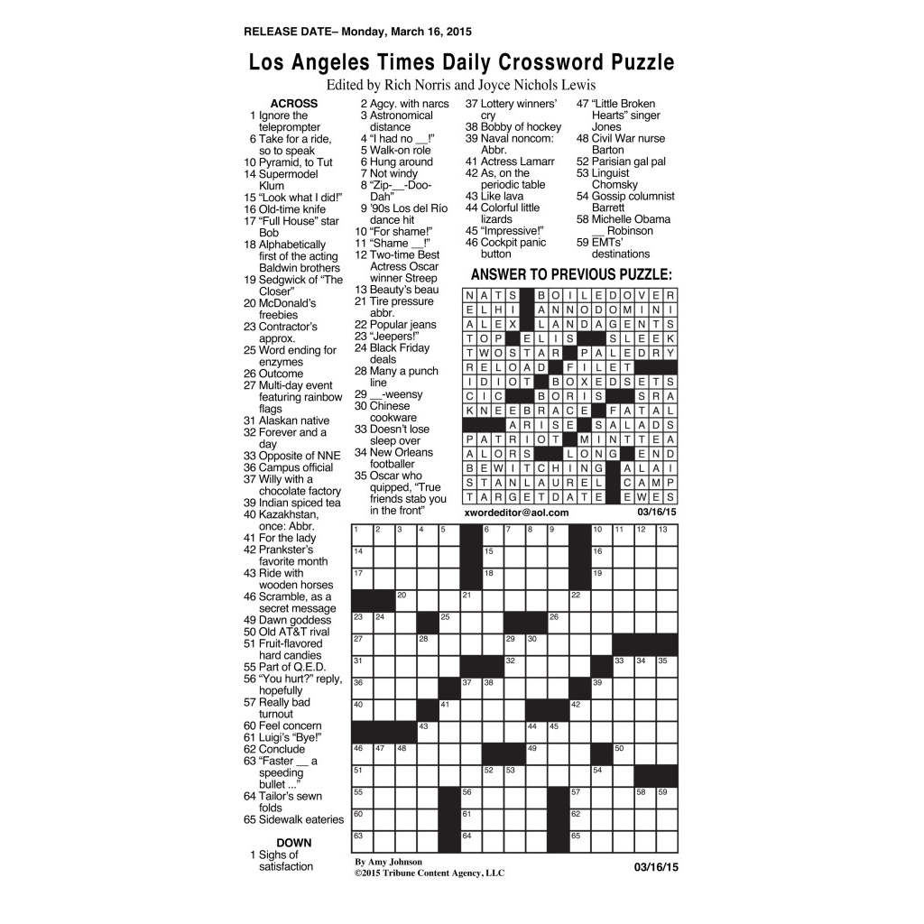 Los Angeles Crossword Puzzle Free Printable Crosswords