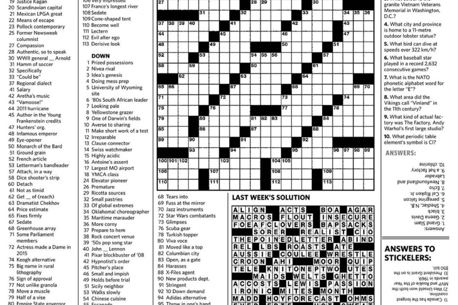 Tor Star Crossword Free Printable Crosswords