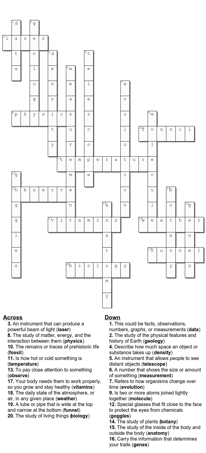 Free Science Crossword Printable Game Sheets Crazy Laura