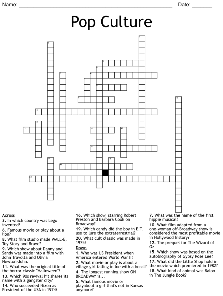 Pop Culture Crossword Puzzles Free Printable Crosswords