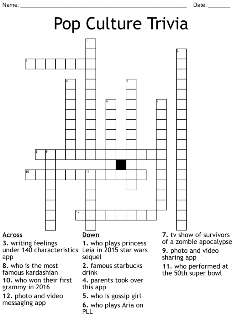 Pop Culture Crossword Puzzles Free Printable Crosswords