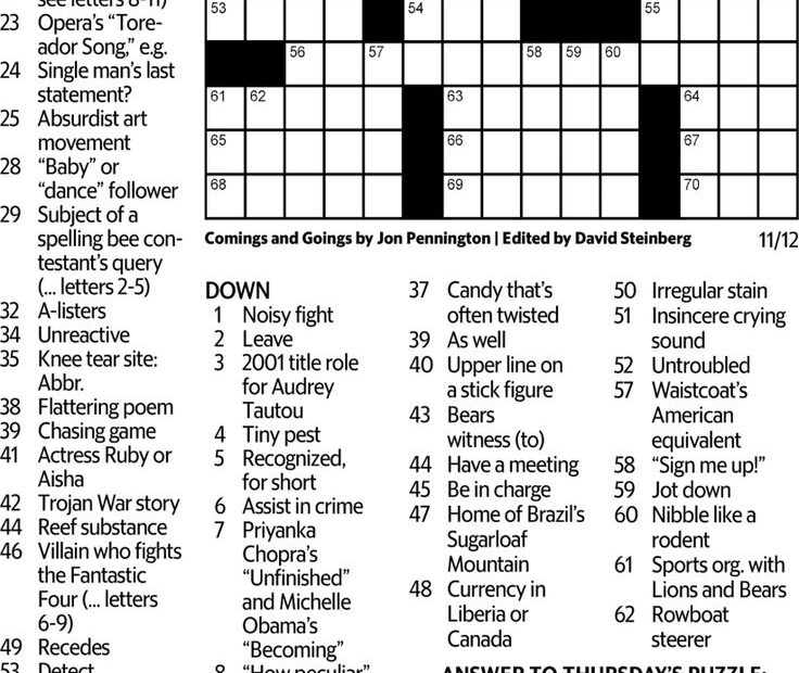 Universal Crossword Puzzle For Today Answers Free Printable Free